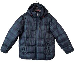 Lands End Mens XL Black Watch Plaid Down Puffer Jacket Hooded Navy Green 46-48